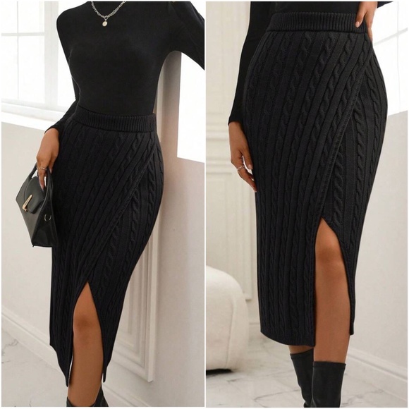 014 Cable Knit Split Thigh Ribbed Midi Skirt - Picture 7 of 8